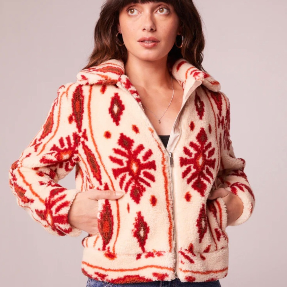 Band of the Free Melrose Cream Vegan Shearling Printed Jacket, Sz M EUC